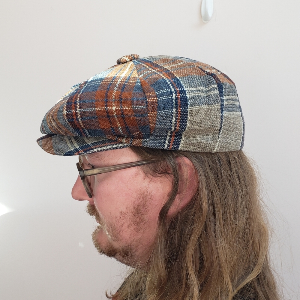 Vintage Orange, Blue, and White Plaid Wool Tam O'Shanter Flat Cap, Size 7 1/4